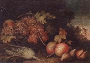 unknow artist Still lifes of Grapes,figs,apples,pears,pomegranates,black currants and fennel,within a landscape setting Sweden oil painting artist
